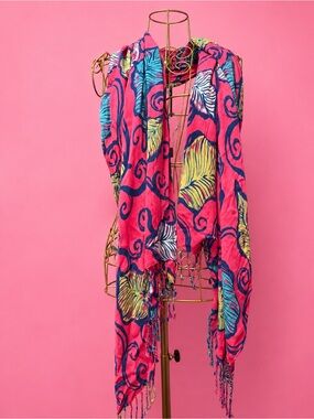 Lilly Pulitzer Pink Tropical Leaf Sarong with Blue & Yellow Accents scarf